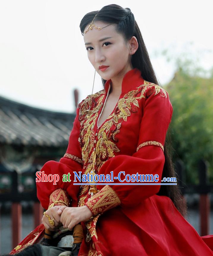 Chinese Ancient Ming Dynasty Female Swordsman Tian Miaowen Red Dress Historical Drama The Dark Lord Costume and Headpiece for Women