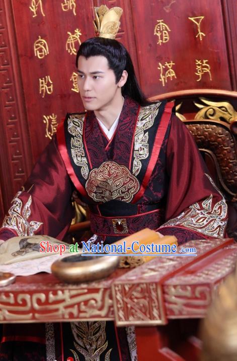 Drama Men with Sword Chinese Ancient Monarch King Qi Kun Costume and Headpiece Complete Set