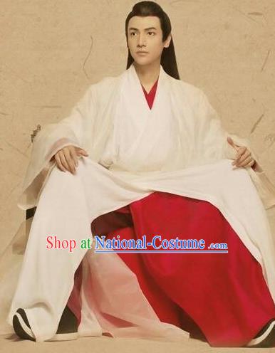 Chinese Ancient King White Apparel Clothing and Jade Hairpin Drama Pingli Fox Childe Yu Yan Costumes and Headwear