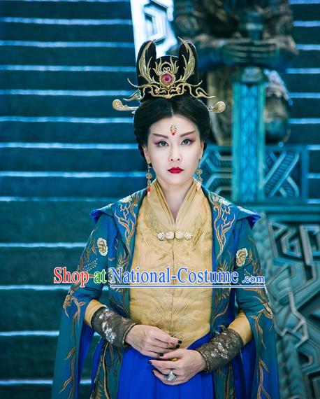 Chinese Ancient Queen Mother Dress Historical Drama The Taosim Crandmaster Empress Costumes and Hair Crown