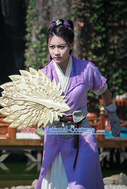 Chinese Ancient Female Swordsman Purple Dress Historical Drama The Taosim Crandmaster Donghuang Xiao Yu Costumes and Hair Accessories