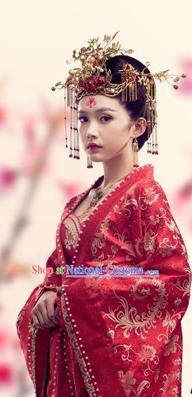 Chinese Ancient Noble Lady Wedding Historical Costumes and Hair Accessories Drama Oh My Emperor Xia Bing Red Dress