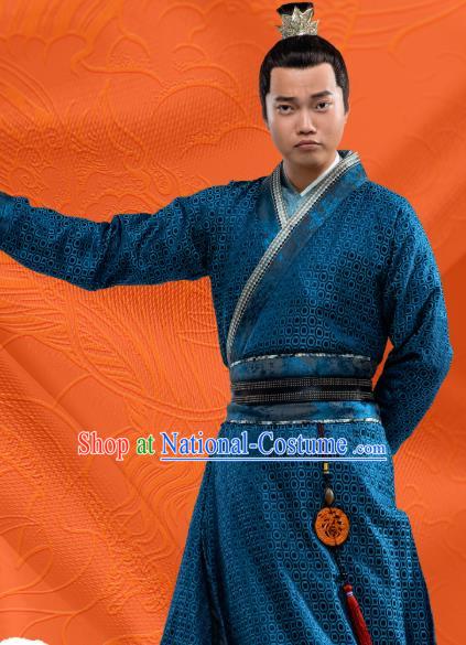 Chinese Ancient Swordsman Blue Clothing and Hairdo Crown Drama Oh My Emperor Costumes