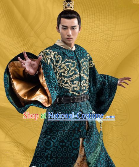 Chinese Ancient Royal Prince Green Clothing and Hairdo Crown Drama Oh My Emperor Beitang Jing Costumes