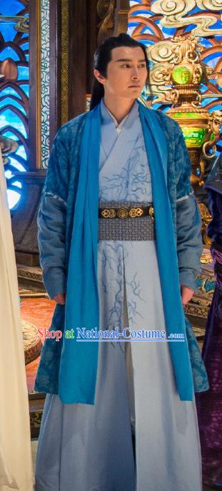 Chinese Ancient Swordsman Blue Hanfu Clothing and Headdress Drama The Taosim Crandmaster Costumes