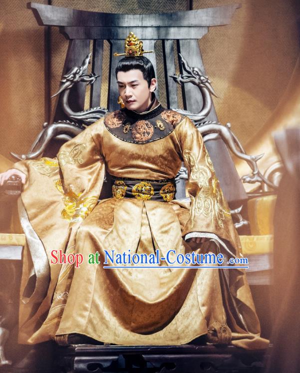 Chinese Ancient Emperor Golden Imperial Robe and Golden Hair Crown Drama Tang Dynasty Tour Li Shimin Costumes