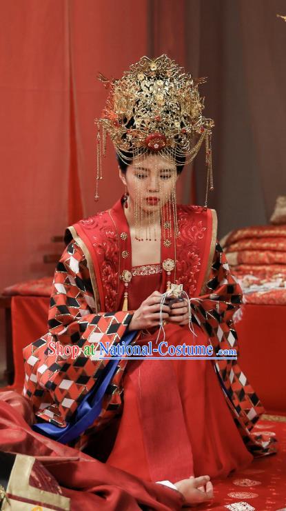 Chinese Ancient Crown Princess Wedding Historical Costumes and Phoenix Coronet Drama Tang Dynasty Tour Su Wan Red Hanfu Dress