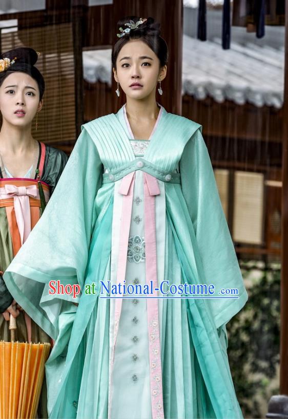 Chinese Ancient Court Princess Historical Costumes and Hair Accessories Drama Tang Dynasty Tour Li Anlan Green Hanfu Dress