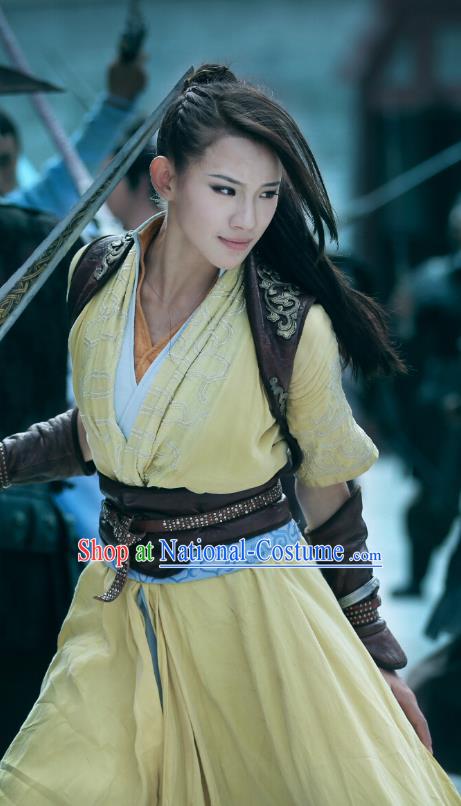 Chinese Ancient Demon Female Swordsman Costume Historical Drama The Taosim Crandmaster Yellow Dress and Headwear