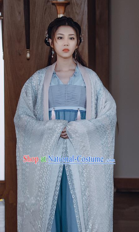 Chinese Ancient Gifted Lady Historical Costumes and Hairpin Drama Tang Dynasty Tour Lu Xinyue Blue Hanfu Dress