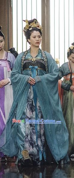 Chinese Ancient Court Empress Historical Costumes and Headwear Drama Tang Dynasty Tour Queen Zhangsun Blue Hanfu Dress