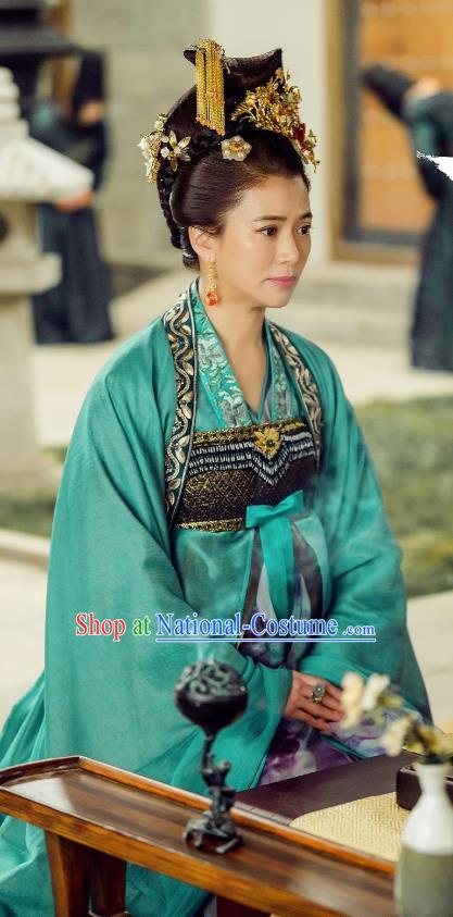 Chinese Ancient Court Empress Historical Costumes and Headwear Drama Tang Dynasty Tour Queen Zhangsun Blue Hanfu Dress