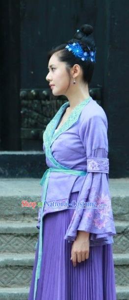 Chinese Ancient Tang Dynasty Swordswoman Historical Costumes and Headpiece Drama Legend of Southwest Dance and Music Ye Shaluo Purple Dresses