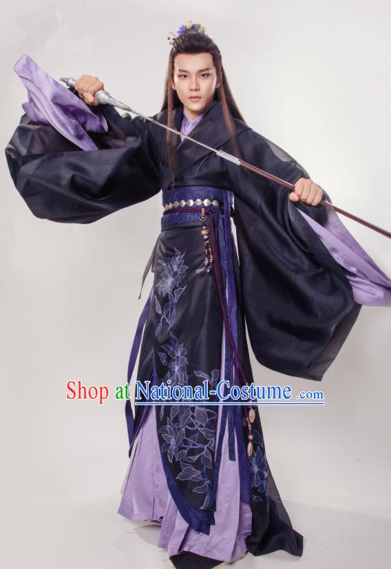 Chinese Ancient Swordsman Black Clothing and Hairdo Crown Drama the Birth of the Dream King Ji Chuan Costumes