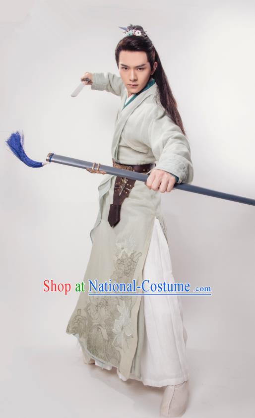 Chinese Ancient Young Knight Clothing and Headpieces Drama the Birth of the Dream King Zhao Qingfeng Grey Costumes