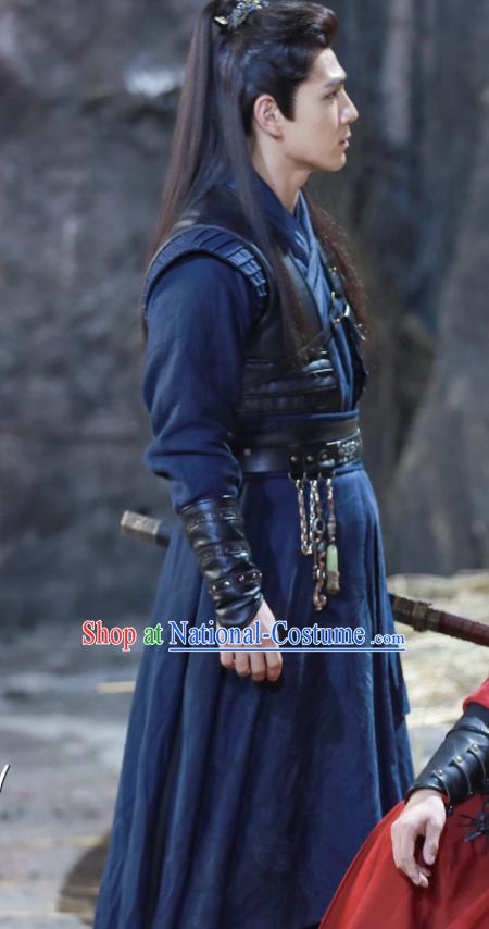 Chinese Ancient Knight Clothing and Hair Crown Drama the Birth of the Dream King Swordsman Navy Costumes