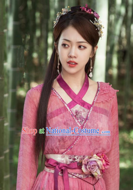 Chinese Ancient Courtesan Historical Costumes and Headpieces Drama the Birth of the Dream King Yue Qingqing Pink Dresses