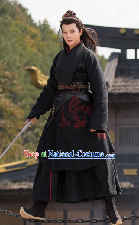 Chinese Ancient Kawaler Black Clothing and Hairdo Crown Drama the Birth of the Dream King Swordsman Ji Chuan Hanfu Costumes