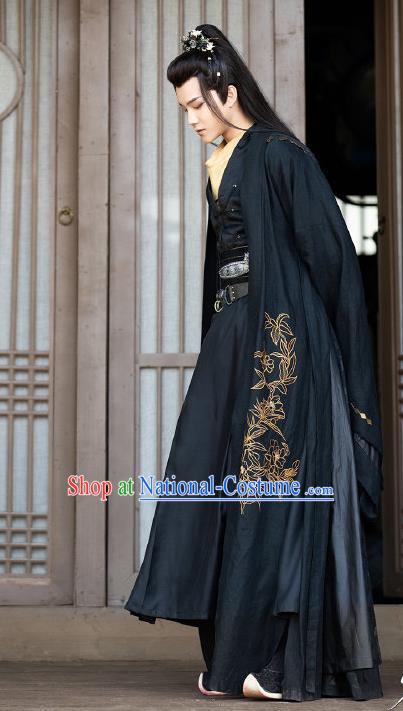 Chinese Ancient Kawaler Black Hanfu Clothing and Hairdo Crown Drama the Birth of the Dream King Swordsman Chief Ji Chuan Costumes