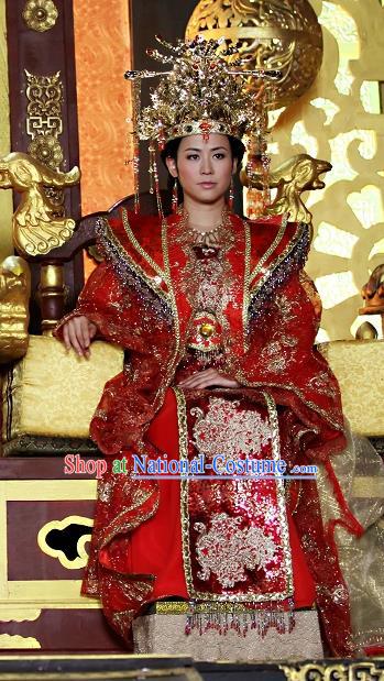 Chinese Ancient Wedding Costumes Historical Drama Love Amongst War Wang Baochuan Red Dress and Hair Crown Complete Set