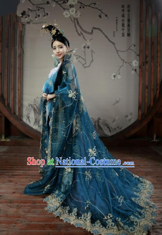 Chinese Ancient Princess Blue Costumes Historical Drama Cover the Sky Mei Yun Dress and Hairpins