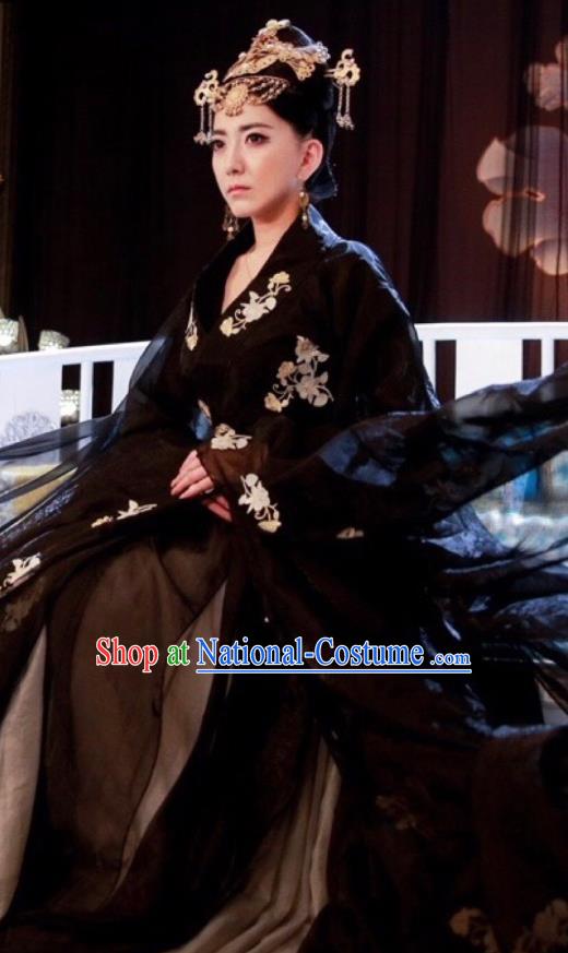 Chinese Ancient Empress Historical Costumes Drama Cover the Sky Queen Sang Ruo Black Hanfu Dress and Hair Jewelries