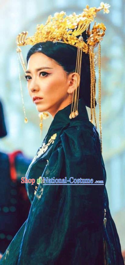 Chinese Ancient Empress Historical Costumes Drama Cover the Sky Queen Sang Ruo Black Hanfu Dress and Hair Jewelries