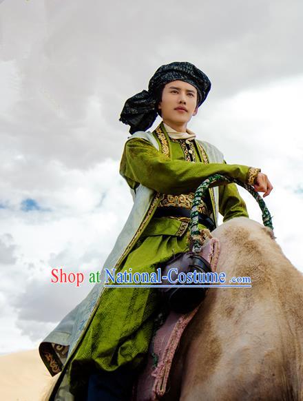 Chinese Ancient Hero Clothing and Jade Hairpin Drama The Taosim Crandmaster Swordsman Kun Lun Green Costumes and Headwear