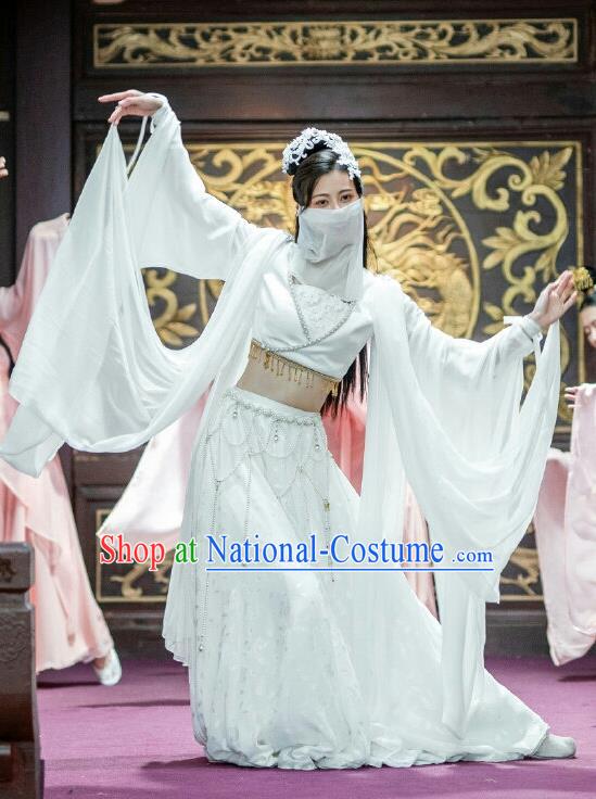 Chinese Ancient Dance Girl Historical Costumes Drama The Romance of Hua Rong White Hanfu Dress and Hair Jewelries