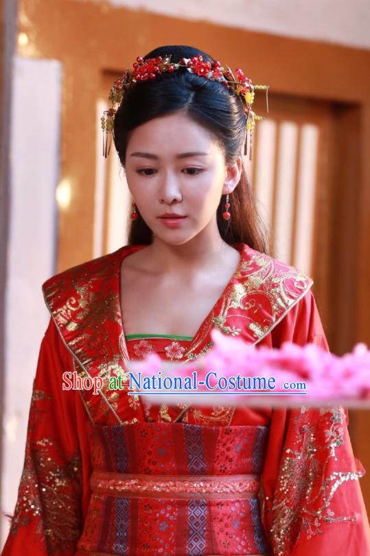 Chinese Ancient Princess Wedding Historical Costumes Drama Princess at Large Ji Xianyun Red Hanfu Dress and Hair Clasp