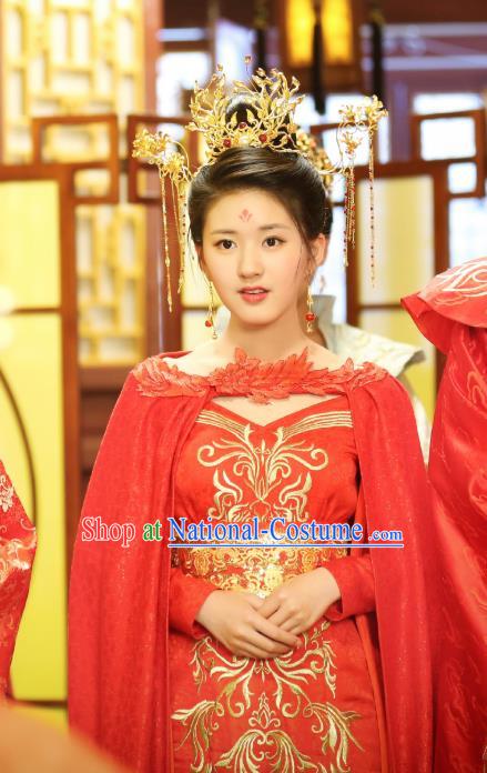 Chinese Ancient Wedding Female Historical Costumes Drama Oh My Emperor Noble Lady Luo Feifei Red Hanfu Dress and Phoenix Coronet