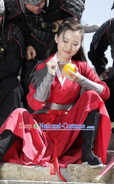 Chinese Ancient Female Knight Historical Costumes Drama Oh My Emperor Swordswoman Chu Shengnan Red Hanfu Dress and Headpieces