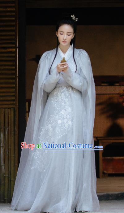 Chinese Ancient Demon Princess Ji Heng Drama Sansheng Sanshi Pillow Eternal Love of Dream Grey Dress and Hairpins Complete Set