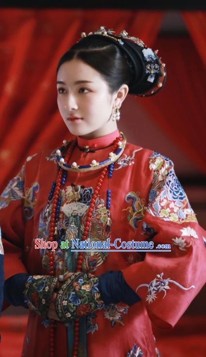 Chinese Ancient Garment Manchu Princess Consort Wedding Qipao Dress and Hair Jewelries Drama Dreaming Back to the Qing Dynasty Ming Wei Red Garment