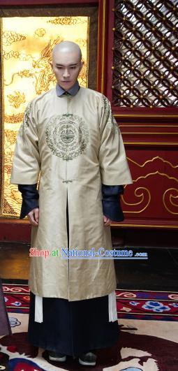 Chinese Ancient Manchu Crown Prince Aisin Gioro Yinreng Garment Costumes Drama Dreaming Back to the Qing Dynasty Golden Gown Apparels