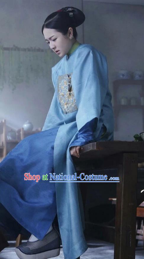 Chinese Ancient Garment Manchu Lady Apparels Blue Qipao Dress and Hair Accessories Drama Dreaming Back to the Qing Dynasty Rani Ming Wei Costumes