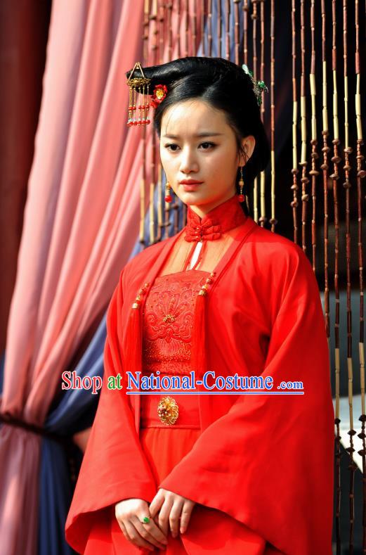 Chinese Ancient Ming Dynasty Courtesan Red Garment and Headpieces Drama The Great Shaolin Li Zhenzhen Costumes