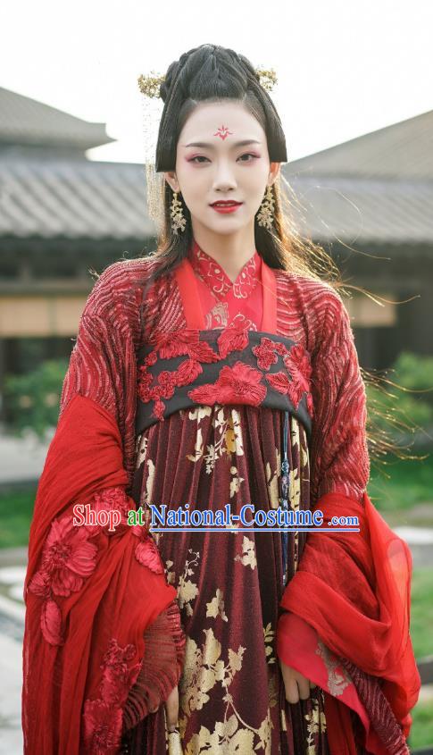 Chinese Ancient Foreign Princess Red Hanfu Dress and Hairpins Drama To Get Her Court Lady Murong Xianyue Apparels Garment Costumes