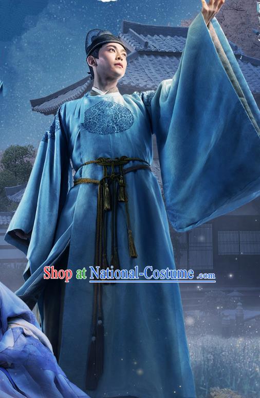 Chinese Ancient Prince Apparels Garment Blue Robe and Hat Drama To Get Her Tu Siyi Costumes