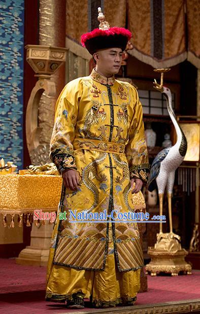 Chinese Ancient Qing Dynasty Emperor Apparels Garment and Hat Wuxia Drama Happy Mitan Shun Zhi Imperial Robe Costumes