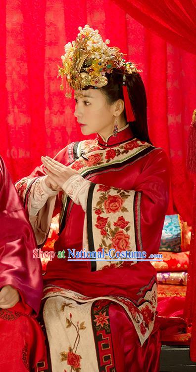 Chinese Ancient Qing Dynasty Wedding Garment Wuxia Drama Happy Mitan Apparels Red Dress and Phoenix Coronet Bride Costumes