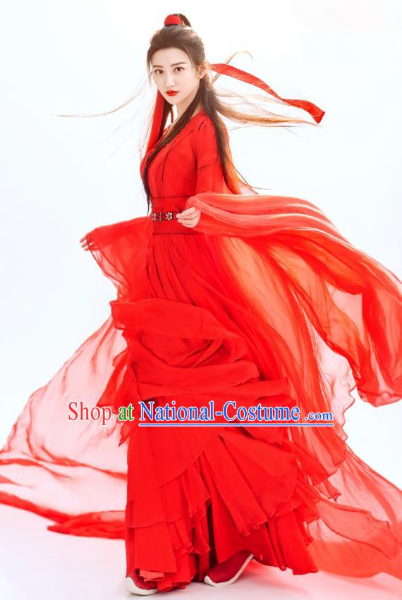 Chinese Ancient Swordswoman Red Garment Wuxia Drama The King of Blaze Apparels Dress and Headwears Qian Mei Costumes