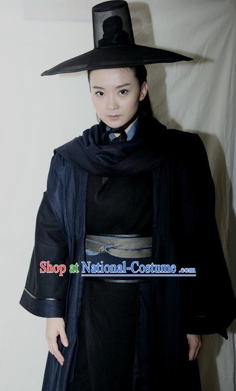 Chinese Ancient Apparels Female Swordsman Black Hanfu Dress and Hat Drama Butterfly Sword Gao Jiping Garment Costumes