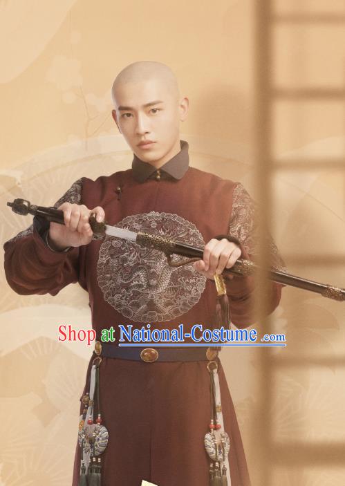 Chinese Ancient Manchu Costumes Fourteen Prince Garment Drama Dreaming Back to the Qing Dynasty Aisin Gioro Yinti Brown Gown Apparels