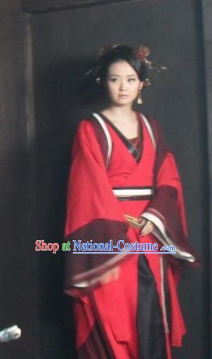 Chinese Ancient Red Apparels Hanfu Dress and Headpieces Drama Butterfly Sword Female Swordsman Gao Jiping Garment Costumes