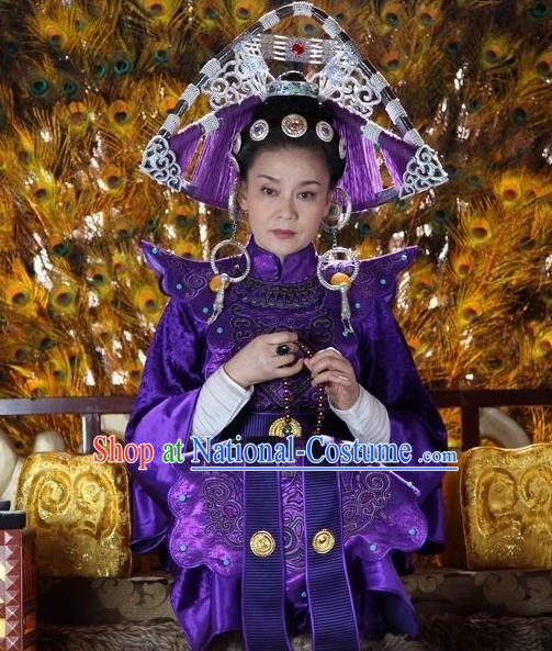 Chinese Ancient Empress Apparels and Headdress Drama Turbulence of the Mu Clan Queen Luo Ningshi Purple Costumes Garment