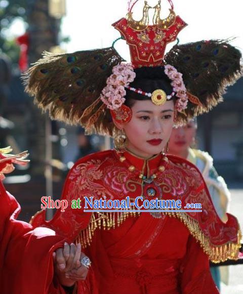 Chinese Ancient Female Castellan Red Apparels and Headdress Drama Turbulence of the Mu Clan A Leqiu Wedding Costumes Garment