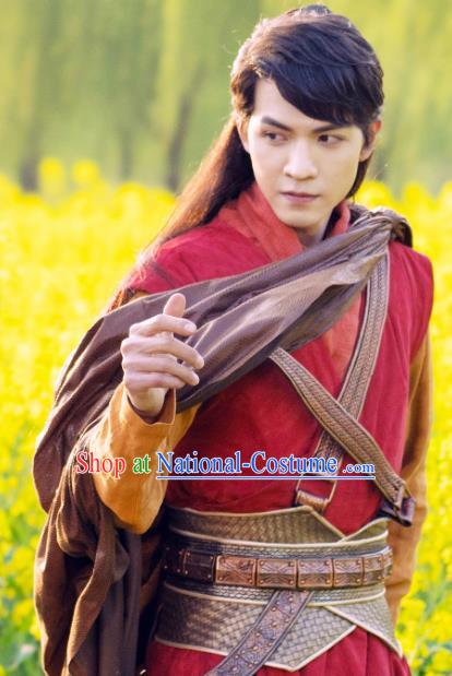 Chinese Ancient Young Knight Red Apparels and Headwear Wuxia Drama The Lost Swordship Swordsman Yi Feng Garment Costumes