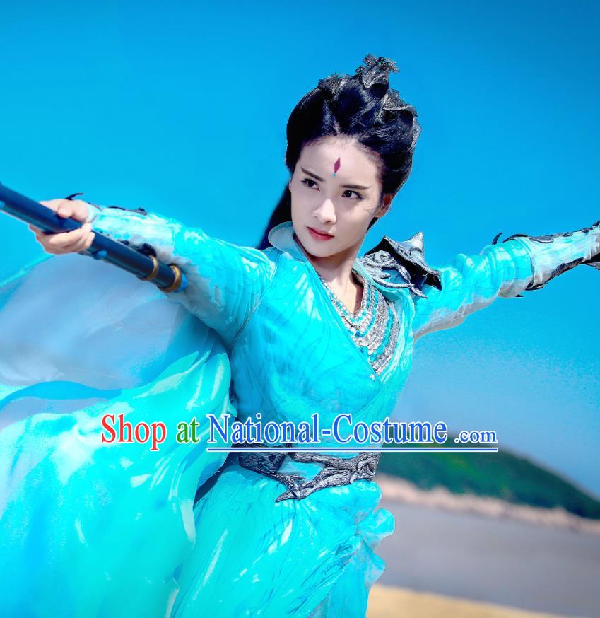 Chinese Wuxia Drama Ancient Princess Blue Garment and Hair Accessories The King of Blaze Apparels Female Swordsman Li Ying Apparels Costumes