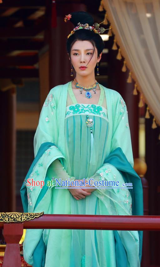 Chinese Wuxia Drama Ancient Princess Apparels Garment and Hair Accessories The King of Blaze Apparels Zhao Ping Green Hanfu Dress Costumes